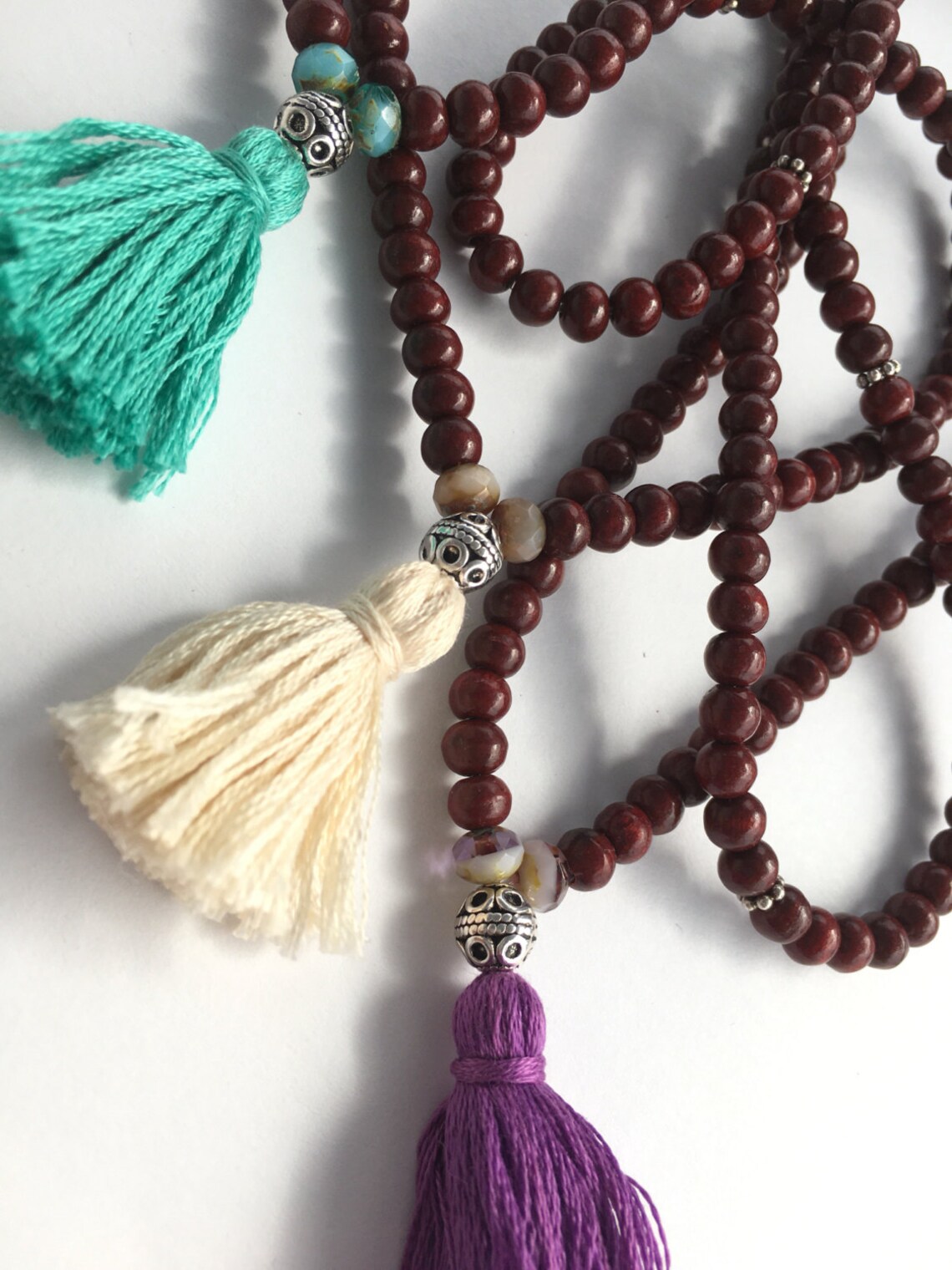 Stretch 108 Bead Mala Bracelet With Tassel, Yoga Jewelry, Wood Bracelet