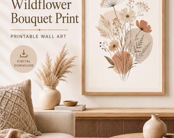 Neutral Wildflower Bouquet Print, Boho Botanical Wall Art, Beige Terracotta Floral Printable, Digital Download