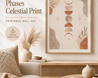 May include: A framed wall art print featuring moon phases and abstract shapes in earthy tones of terracotta, beige, and gray. The text reads: Boho Moon Phases Celestial Print, PRINTABLE WALL ART, DIGITAL DOWNLOAD, INSTANT ACCESS, PRINT AT HOME OR LOCALLY, MULTIPLE SIZES INCLUDED, TIMELESS BOHO STYLE.