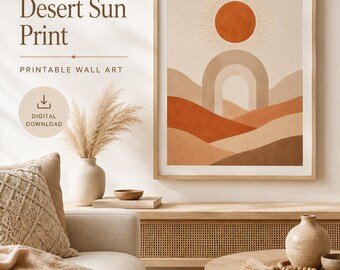 May include: A framed wall art print featuring a desert landscape with a sun, an arch, and rolling hills in shades of terracotta, beige, and brown. The text reads Neutral Boho Desert Sun Print, Printable Wall Art, Digital Download, Instant Access, Print at Home or Locally, Multiple Sizes Included, Timeless Boho Style.