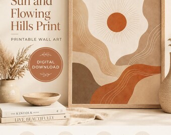 May include: A framed wall art print featuring an abstract sun with radiating lines above flowing hills in shades of beige, tan, and burnt orange. The text reads Abstract Sun and Flowing Hills Print, Printable Wall Art, and Digital Download.