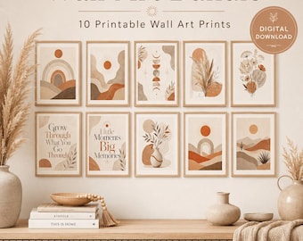 May include: A collection of 10 printable wall art prints titled Neutral Boho Wall Art Bundle. The prints feature abstract shapes, suns, moons, desert landscapes, and floral motifs in shades of beige, terracotta, and brown, arranged in two rows.