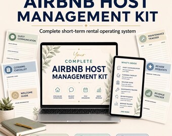 May include: An Airbnb host management kit featuring a laptop and tablet displaying digital templates, surrounded by printed documents including a guest communication sheet, cleaning checklist, maintenance tracker, and revenue tracker.