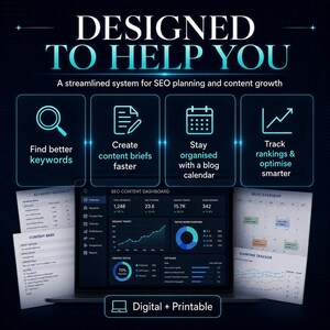 Puede incluir: Un panel de control de contenido SEO digital en la pantalla de una computadora port&aacute;til, rodeado de documentos de planificaci&oacute;n impresos. El gr&aacute;fico incluye el texto DESIGNED TO HELP YOU e iconos para investigaci&oacute;n de palabras clave.