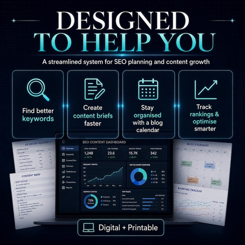 Puede incluir: Un panel de control de contenido SEO digital en la pantalla de una computadora port&aacute;til, rodeado de documentos de planificaci&oacute;n impresos. El gr&aacute;fico incluye el texto DESIGNED TO HELP YOU e iconos para investigaci&oacute;n de palabras clave.