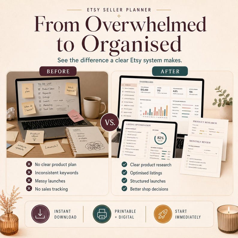 Puede incluir: Un gr&aacute;fico comparativo de planificador para vendedores de Etsy titulado From Overwhelmed to Organised. El lado izquierdo muestra un port&aacute;til con notas adhesivas y un cuaderno. El lado derecho muestra un panel digital, optimizaci&oacute;n de listados y revisiones.