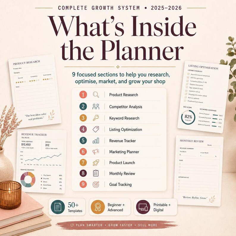 Puede incluir: Un planificador Complete Growth System 2025-2026 con 9 secciones: Product Research, Competitor Analysis, Keyword Research, Listing Optimization, Revenue Tracker, Marketing Planner, Product Launch, Monthly Review y Goal Tracking.