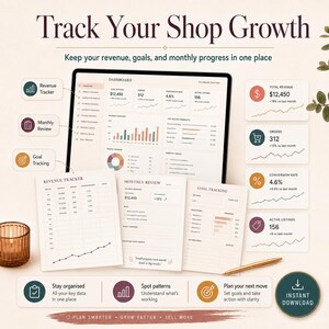 Puede incluir: Un rastreador de crecimiento de tienda digital mostrado en una pantalla de tableta y hojas impresas. La interfaz muestra ingresos, pedidos y tasas de conversi&oacute;n con gr&aacute;ficos. El texto incluye: Track Your Shop Growth, Revenue Tracker, Monthly Review.