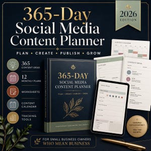 Puede incluir: Un planificador de contenido para redes sociales de 365 días edición 2026 con cubierta azul oscuro, detalles en dorado y una ilustración de hoja. Incluye una tableta digital con una plantilla de plan diario y un sello circular dorado.