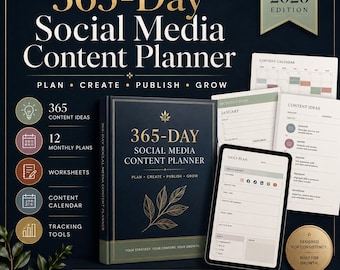 Könnte beinhalten: Ein 365-Tage Social Media Content Planer für 2026 mit dunkelblauem Einband, goldenen Akzenten und einer Blattillustration. Enthält ein digitales Tablet mit einer Tagesplanvorlage, Kalenderseiten und ein rundes goldenes Siegel.