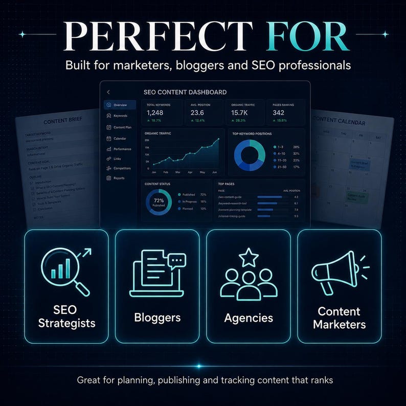 Puede incluir: Una interfaz de panel de control de contenido SEO digital con gr&aacute;ficos, m&eacute;tricas y visualizaciones de datos. Debajo, cuatro iconos azules brillantes representan a estrategas SEO, blogueros, agencias y especialistas en marketing de contenidos. Texto: PERFECT FOR.
