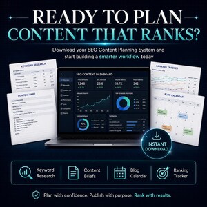 Puede incluir: Un sistema digital de planificaci&oacute;n de contenido SEO mostrado en la pantalla de una computadora port&aacute;til y cuatro documentos circundantes etiquetados Keyword Research, Content Brief, Ranking Tracker y Blog Calendar, con el texto Ready to Plan Content That Ranks.