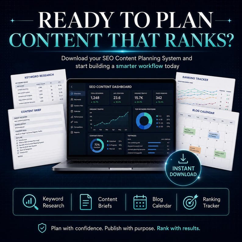 Puede incluir: Un sistema digital de planificaci&oacute;n de contenido SEO mostrado en la pantalla de una computadora port&aacute;til y cuatro documentos circundantes etiquetados Keyword Research, Content Brief, Ranking Tracker y Blog Calendar, con el texto Ready to Plan Content That Ranks.