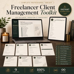 Może przedstawiać: Zestaw narzędzi do zarządzania klientami dla freelancerów z laptopem i tabletem wyświetlającymi formularze biznesowe oraz dziewięcioma wydrukowanymi szablonami, w tym kwestionariuszem, propozycją, umową, fakturą i listą kontrolną.