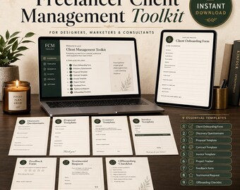 May include: A digital freelancer client management toolkit featuring a laptop and tablet displaying business forms, alongside nine printed templates including a discovery questionnaire, proposal, contract, invoice, feedback form, and offboarding checklist.