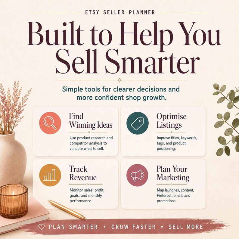 Puede incluir: Un gr&aacute;fico de planificador para vendedores de Etsy con el texto Built to Help You Sell Smarter. Incluye cuatro secciones: Find Winning Ideas, Optimise Listings, Track Revenue y Plan Your Marketing, con iconos y descripciones.