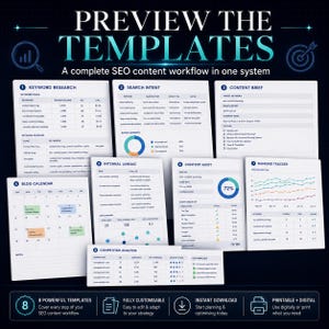 Puede incluir: Una pantalla digital que muestra ocho plantillas de contenido SEO tituladas PREVIEW THE TEMPLATES. Los documentos incluyen investigaci&oacute;n de palabras clave, intenci&oacute;n de b&uacute;squeda, brief de contenido, calendario de blog, enlaces internos, auditor&iacute;a de contenido, seguimiento de ranking y an&aacute;lisis de la competencia con gr&aacute;ficos y tablas.
