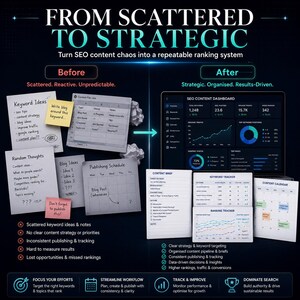 Puede incluir: Una infograf&iacute;a titulada FROM SCATTERED TO STRATEGIC que compara notas y hojas de c&aacute;lculo desorganizadas a la izquierda con un panel de control SEO digital y documentos de seguimiento organizados a la derecha, mostrando la transici&oacute;n a un sistema.
