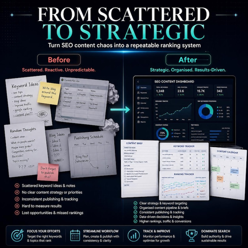 Puede incluir: Una infograf&iacute;a titulada FROM SCATTERED TO STRATEGIC que compara notas y hojas de c&aacute;lculo desorganizadas a la izquierda con un panel de control SEO digital y documentos de seguimiento organizados a la derecha, mostrando la transici&oacute;n a un sistema.