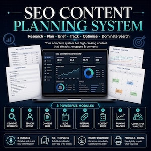 Pode incluir: Um sistema digital de planejamento de conteúdo SEO exibido na tela de um laptop cercado por documentos rotulados como Keyword Research, Content Brief, Ranking Tracker e Blog Calendar, com oito módulos numerados na parte inferior.