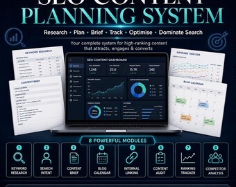 Puede incluir: Un sistema digital de planificación de contenido SEO mostrado en la pantalla de una computadora portátil rodeado de documentos etiquetados como Keyword Research, Content Brief, Ranking Tracker y Blog Calendar, con ocho módulos numerados abajo.