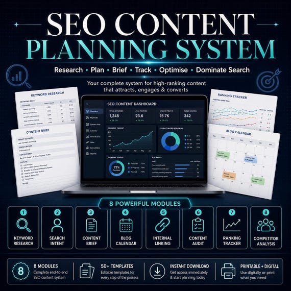 SEO Content Planning System, Keyword Tracker, Blog Planner (Digital Download)