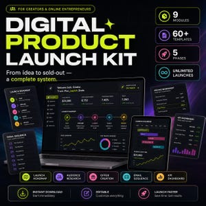 Könnte beinhalten: Ein digitales Produkt-Launch-Kit mit Laptop und Tablet, die Dashboards, Diagramme und eine Roadmap anzeigen. Das Kit enthält 9 Module, 60+ Vorlagen und 5 Phasen für Ersteller. Text beinhaltet 'Digital Product Launch Kit' und 'From idea to sold-out'.