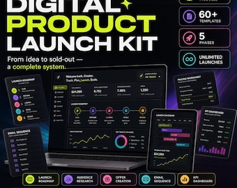 Puede incluir: Un kit de lanzamiento de productos digitales con un portátil y una tableta que muestran paneles, gráficos y una hoja de ruta. El kit incluye 9 módulos, 60+ plantillas y 5 fases para creadores. Texto: 'Digital Product Launch Kit' y 'From idea to sold-out'.