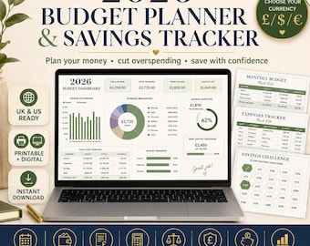 May include: A 2026 budget planner and savings tracker displayed on a laptop screen, featuring a dashboard with charts, income, expense, and savings data. Includes printable sheets for monthly budgets, expense tracking, and a savings challenge.