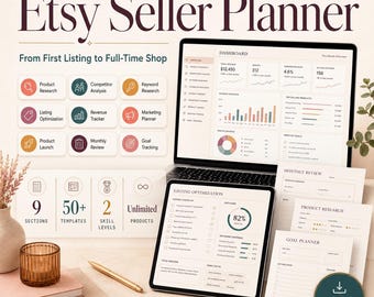Puede incluir: Un planificador digital Etsy Seller Planner 2025-2026 mostrado en una pantalla de portátil y tableta, con un panel de control de ingresos y tráfico, listas de verificación de optimización y plantillas de planificación con texto de 9 secciones.