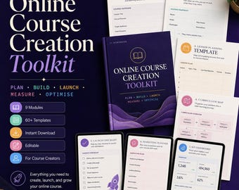 Puede incluir: Un kit de creación de cursos en línea que incluye un libro de trabajo de color púrpura oscuro con texto dorado, rodeado de varias plantillas de planificación, como un libro de trabajo de planificación de cursos, una hoja de trabajo de avatar de estudiante, una plantilla de lección, un mapa curricular, una lista de verificación de lanzamiento, un planificador de marketing y un panel de KPI.