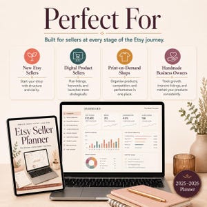 Puede incluir: Un planificador digital para vendedores de Etsy titulado Etsy Seller Planner 2025-2026. La imagen muestra un port&aacute;til con un panel de control de ingresos, pedidos y tasas de conversi&oacute;n, junto a una tableta, cuadernos, un bol&iacute;grafo y una insignia 2025-2026.