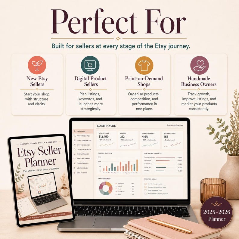Puede incluir: Un planificador digital para vendedores de Etsy titulado Etsy Seller Planner 2025-2026. La imagen muestra un port&aacute;til con un panel de control de ingresos, pedidos y tasas de conversi&oacute;n, junto a una tableta, cuadernos, un bol&iacute;grafo y una insignia 2025-2026.