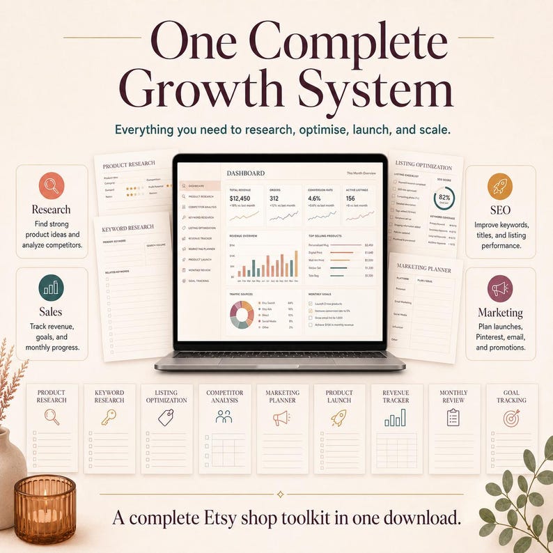 Puede incluir: Un sistema de crecimiento digital para tiendas Etsy con un port&aacute;til que muestra un panel de datos. Alrededor hay varias plantillas de planificaci&oacute;n para investigaci&oacute;n, SEO, marketing y seguimiento de objetivos de negocio.
