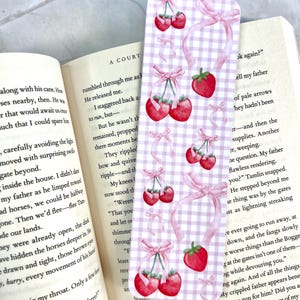 Pink Strawberry Bows Laminated Bookmark, Bookish Merch, Aesthetic Bookmark, Gift For Book Lovers, Gift for Readers, Durable