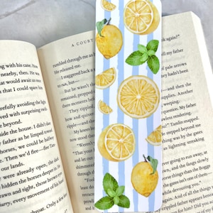 Lemons and Mint Laminated Bookmark, Blue Stripes, Bookish Merch, Aesthetic Bookmark, Gift For Book Lovers, Gift for Readers, Durable