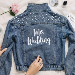 Gepersonaliseerde bruiloft bruids spijkerjasje|Verlovingscadeaus|Spijkerjas parelparel|Gepersonaliseerde gepersonaliseerde jas|Gift bruidsdouche|Honey Moon