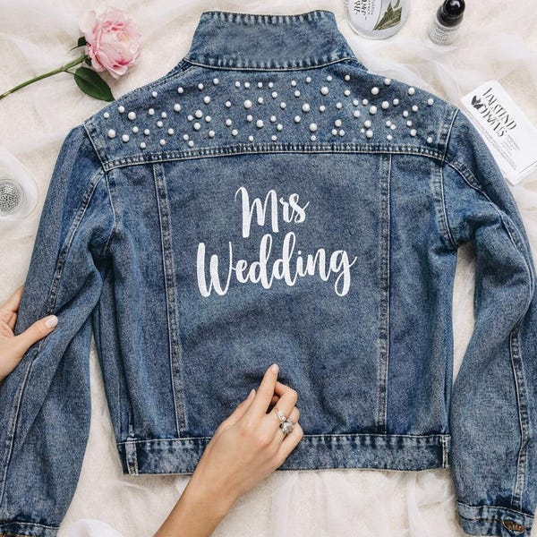 Gepersonaliseerde bruiloft bruids spijkerjasje|Verlovingscadeaus|Spijkerjas parelparel|Gepersonaliseerde gepersonaliseerde jas|Gift bruidsdouche|Honey Moon