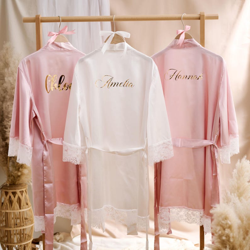 Pink Robe Hanging Bridesmaid Robes, Silk Lace Robe, Maid of Honour Gifts, Bridal Party ...