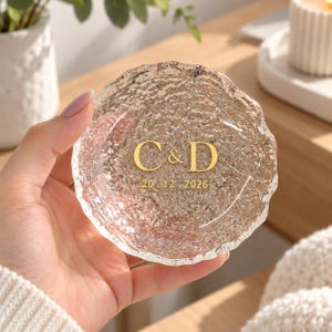 Personalized Glass Ring Dish, Wedding Jewelry Tray with Couple Initials and Date, Custom Engagement Gift, Bride Gift, Anniversary Keepsake