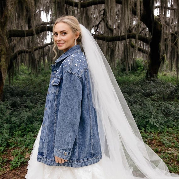denim jacket over wedding dress 27 Perfect Bridal Jean Jackets