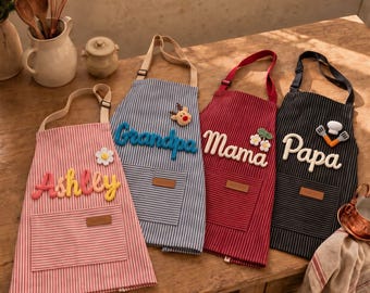 Geborduurd familieschort met naam, gepersonaliseerd bakschort, kookcadeau voor peuters, schort voor verjaardagsfeestjes, verjaardagscadeau, kerstcadeaus