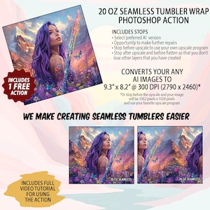 Può includere: Un'azione Photoshop che converte qualsiasi immagine AI in un involucro per tumbler da 20 oz senza cuciture. L'azione include un tutorial video completo e un'azione gratuita. L'immagine mostra una donna con i capelli viola e una spada in un paesaggio fantastico.