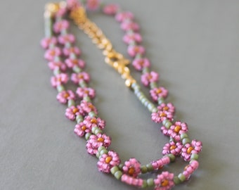 Hand Beaded Daisy Chain Necklace: Pink Seed Bead Flower Jewelry
