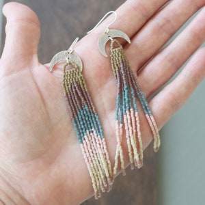 Beaded fringe earrings, bead earrings, seed bead earrings, earrings, long beaded earrings, moon earrings, boho earrings, hand woven earrings