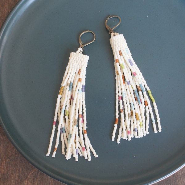 Pendientes de flecos con cuentas, pendientes de cuentas, pendientes de cuentas de semillas, pendientes colgantes, pendientes largos con cuentas, pendientes con borlas,