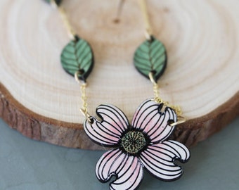 necklace, dogwood flower, dogwood bloom, dogwood necklace, brass necklace, botanical jewelry, botanical necklace, dogwood flower necklace