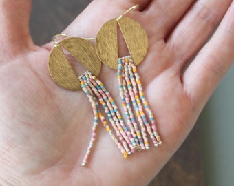 Beaded fringe earrings, bead earrings, seed bead earrings, dangle earrings, long beaded earrings, tassel earrings, beaded earrings, brass