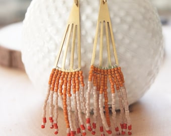 Beaded Fringe Earrings: Miyuki Seed Bead Dangle Earrings with Brass Fan