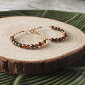 tiger eye earrings, tiger eye hoops, gold earrings, crystal earrings, beaded hoop earrings, minimalist earrings, minimalist jewelry